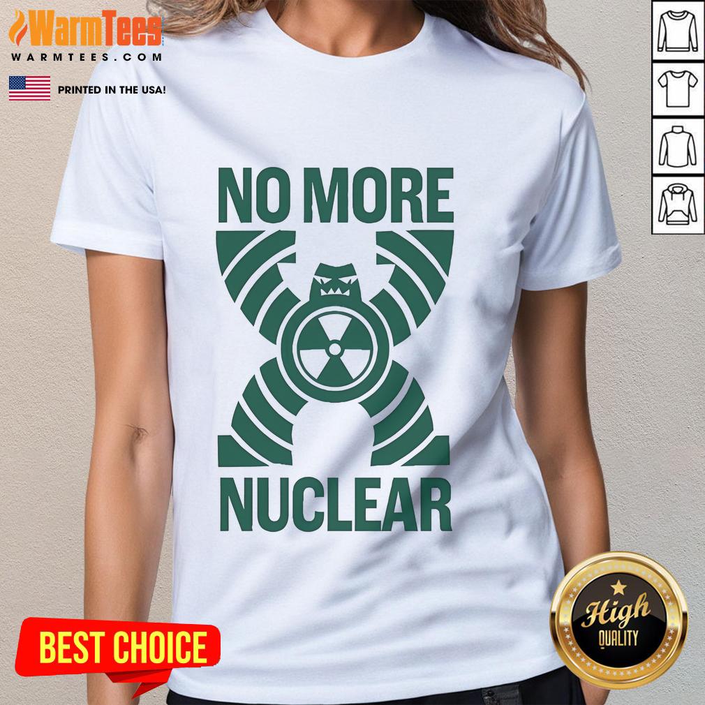 Official No More Nuclear Greenpeace Ladies Tee featuring bold eco-friendly design promoting nuclear disarmament.