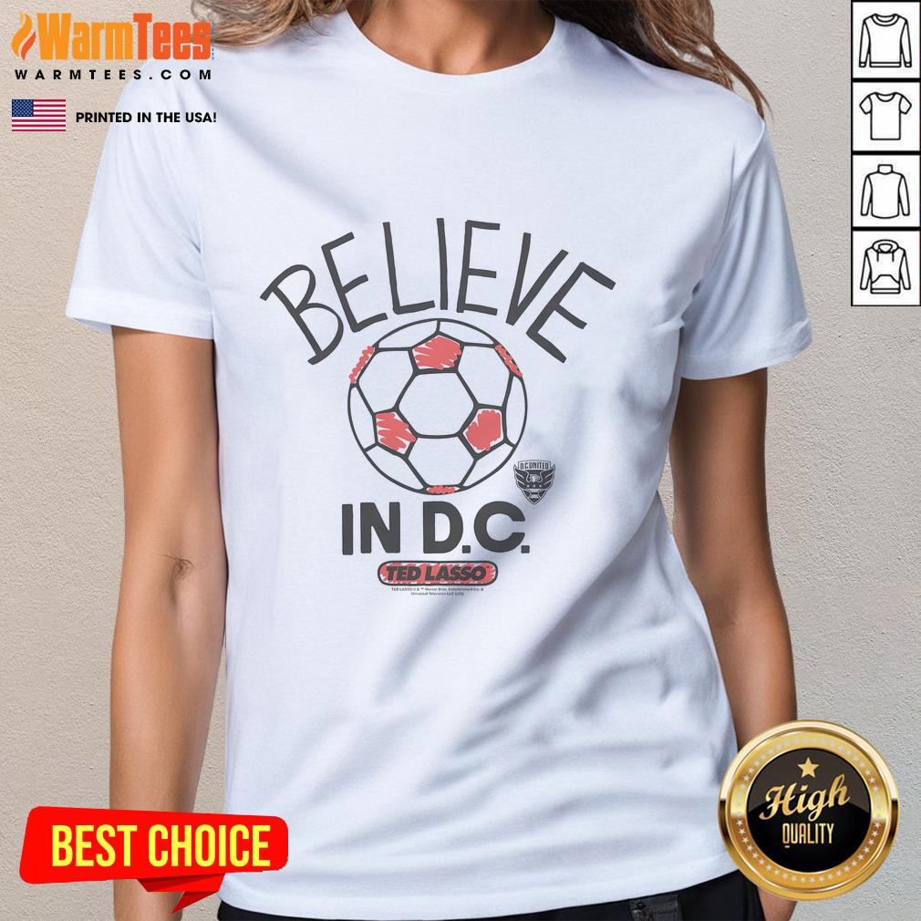 Official Ted Lasso Believe X D.C. United Ladies Tee featuring a stylish design for fans of the show and soccer.