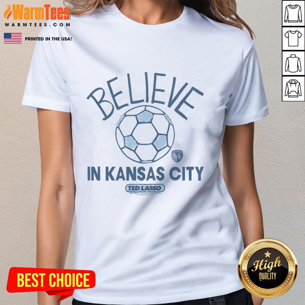 Alt Text: Official Ted Lasso Believe X Sporting Kansas City ladies tee in vibrant colors, perfect for fans and casual wear.