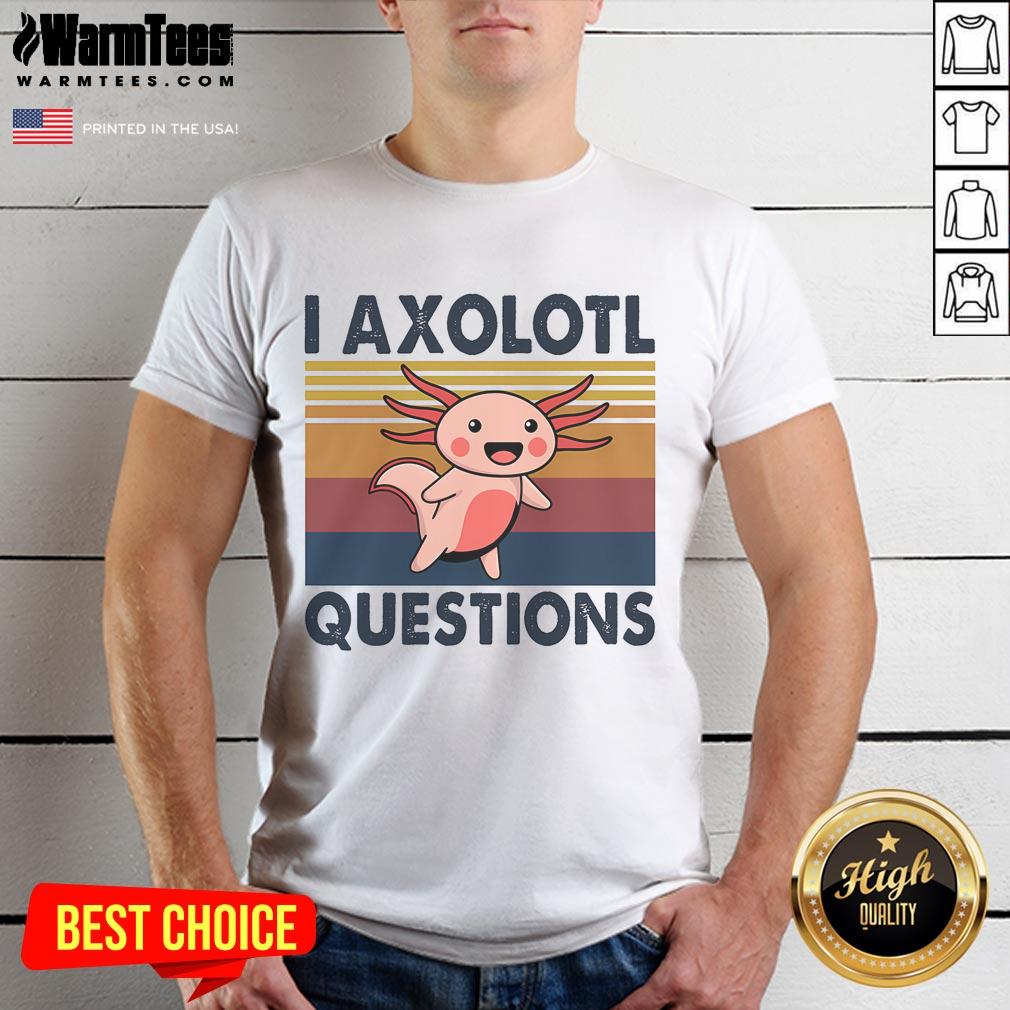 Funny axolotl meme on a vintage t-shirt, featuring a cute axolotl asking questions with vibrant colors.