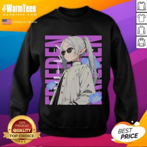 Person wearing an Awesome Cool Chill Day with Frieren sweatshirt, enjoying a relaxed outdoor setting.