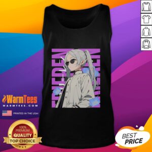 Stylish woman enjoying an awesome cool chill day in a 'Frieren' tank top, perfect for summer outings and casual wear.