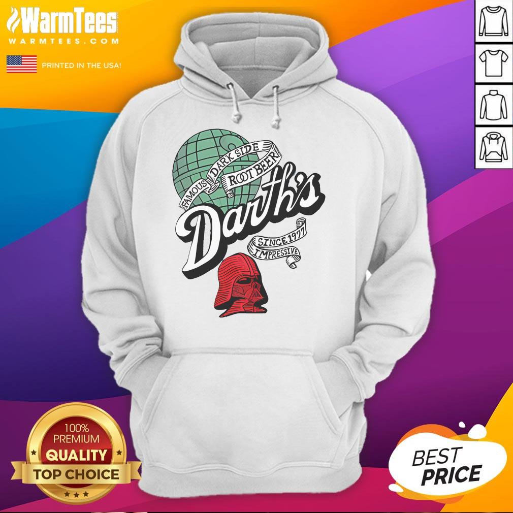 Awesome Darth's Root Beer hoodie featuring the famous Dark Side design, perfect for Star Wars fans since 1997.