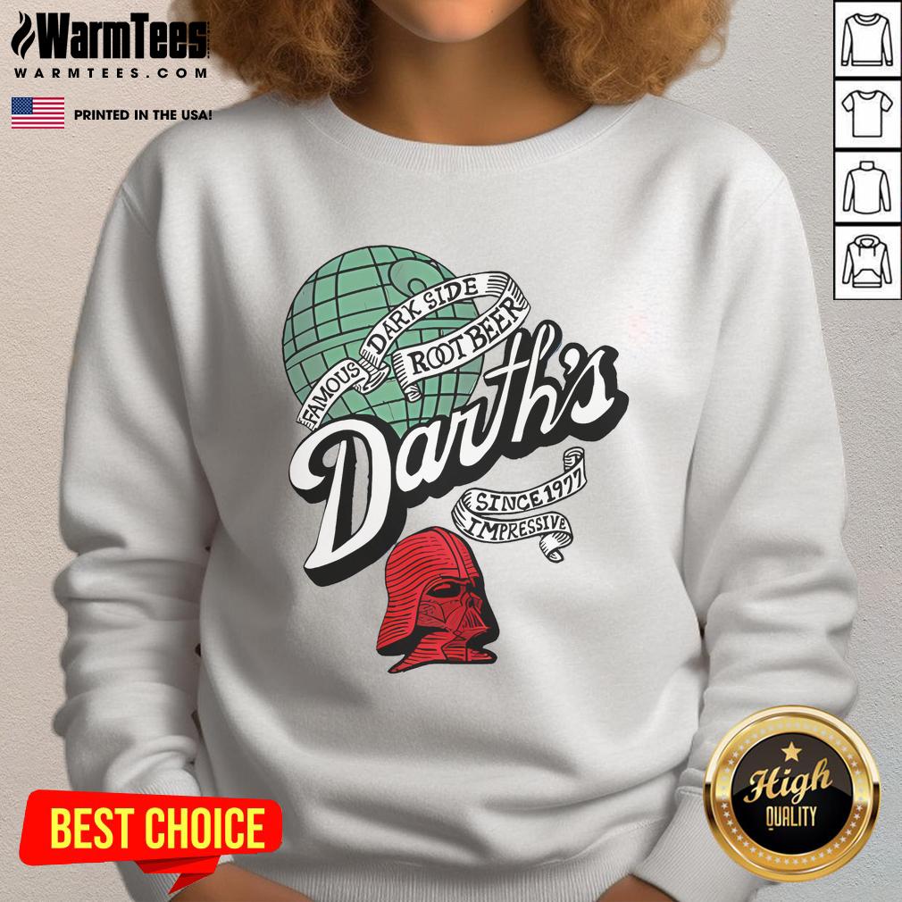Awesome Darth's Root Beer sweatshirt featuring 'Famous Dark Side Since 1997' design, perfect for Star Wars fans.