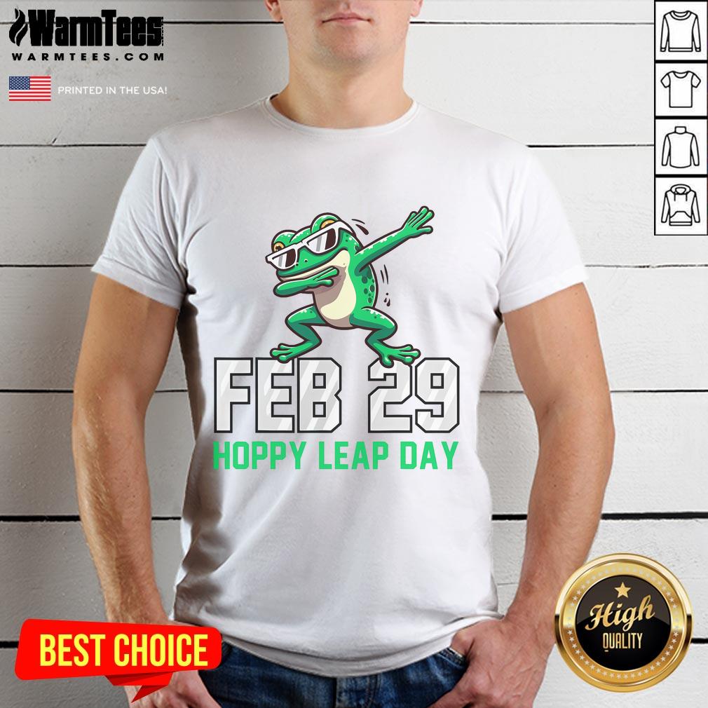 Alt Text: Awesome Feb 29 Hoppy Leap Day Frog Dabbing T-Shirt featuring a playful frog celebrating Leap Day.
