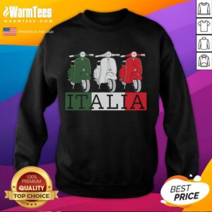 Vespa moped rider in Italy wearing a sweatshirt featuring the Italian flag, perfect souvenir for travel lovers.
