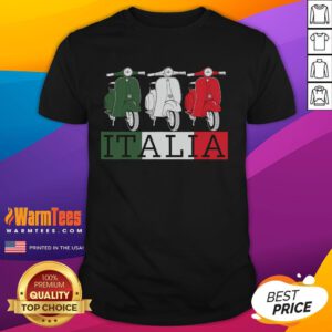 Awesome Italy Italian flag scooter Vespa moped rider T-shirt souvenir design featuring vibrant colors and iconic symbols.