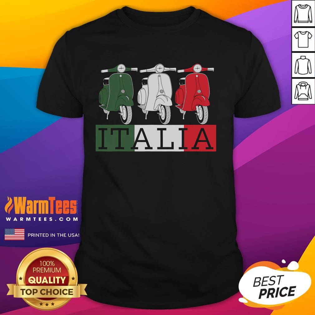 Awesome Italy Italian flag scooter Vespa moped rider T-shirt souvenir design featuring vibrant colors and iconic symbols.