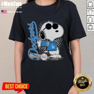 Awesome Los Angeles Dodgers X Snoopy Pose ladies tee featuring a playful Snoopy design and Dodgers logo.