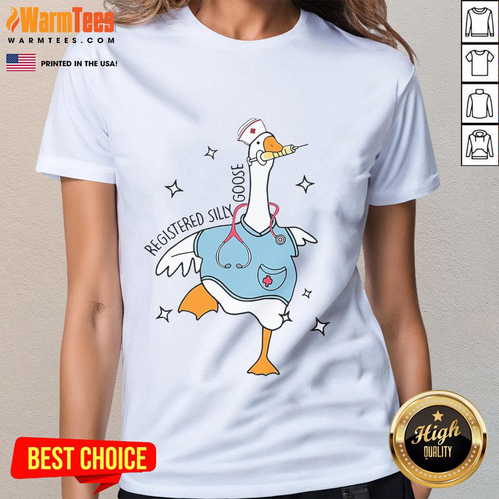 Funny nurse goose meme on a ladies tee, featuring a silly goose in a hospital setting for humor and style.