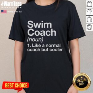 Awesome Swim Coach definition on a ladies tee, highlighting traits of a trainer and instructor in swimming education.