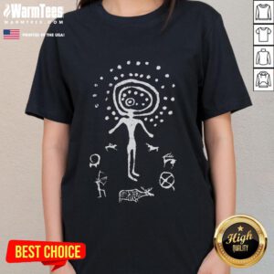 Ancient Tamgaly Shaman Cave petroglyphs showcasing intricate art, highlighting archaeological significance in a ladies tee design.