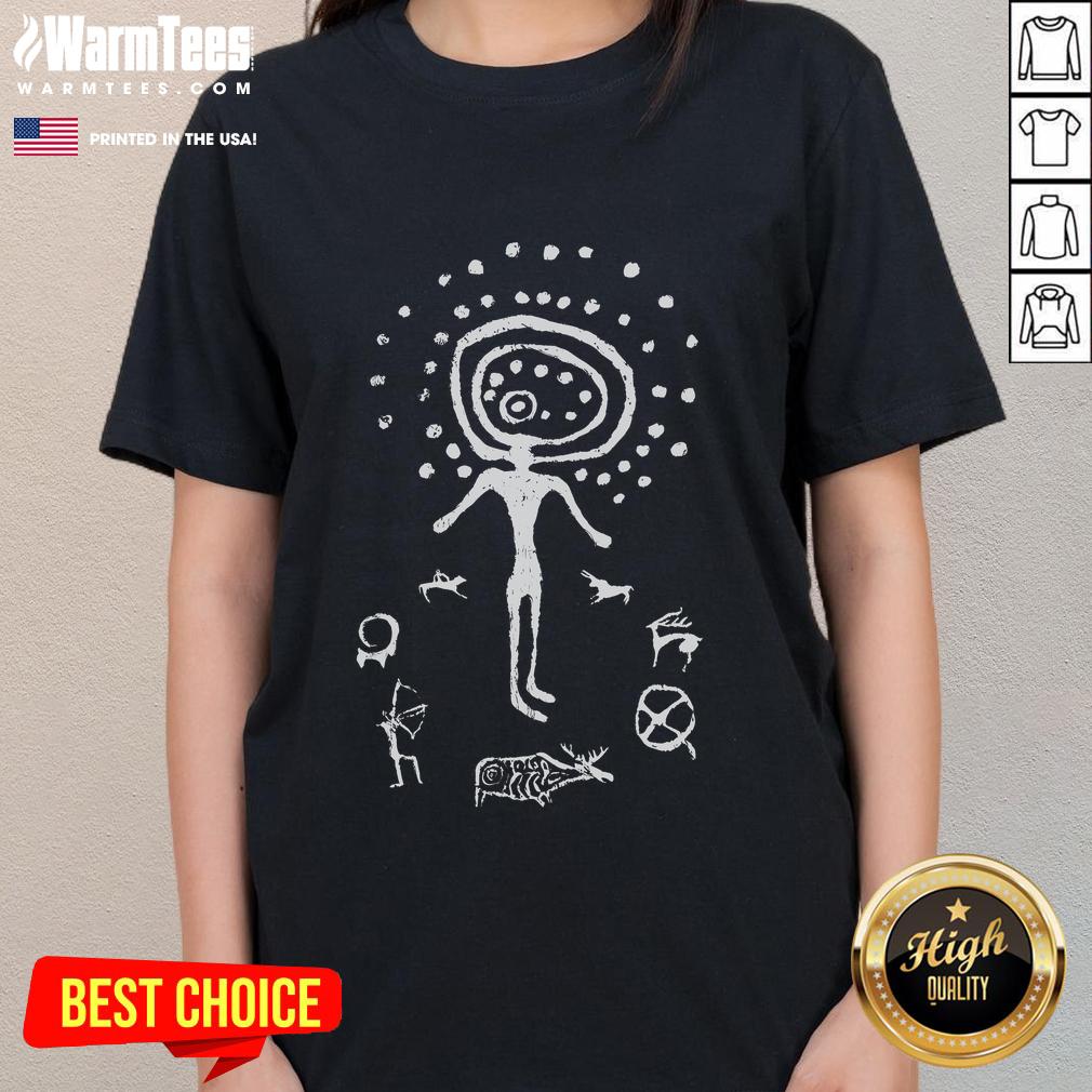 Ancient Tamgaly Shaman Cave petroglyphs showcasing intricate art, highlighting archaeological significance in a ladies tee design.