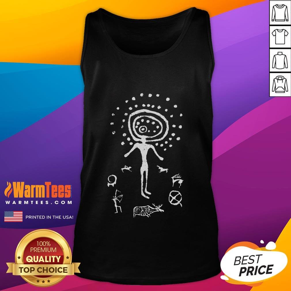 Alt Text: Ancient petroglyphs in the Awesome Tamgaly Shaman Cave, showcasing unique archaeological art on a tank top.