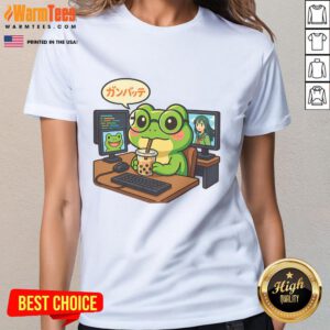 Cute anime frog illustration on a coding desk, perfect for IT geek otaku boba lovers - Ladies Tee design.