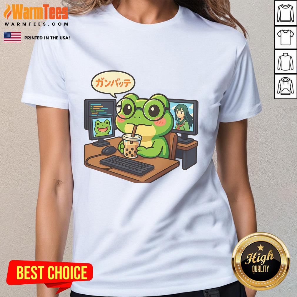 Cute anime frog illustration on a coding desk, perfect for IT geek otaku boba lovers - Ladies Tee design.
