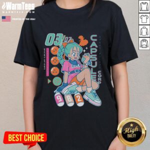 Alt Text: Cute Bulma Boyfriend Detector Capsule Corporation anime retro ladies tee showcasing vibrant design and playful style.