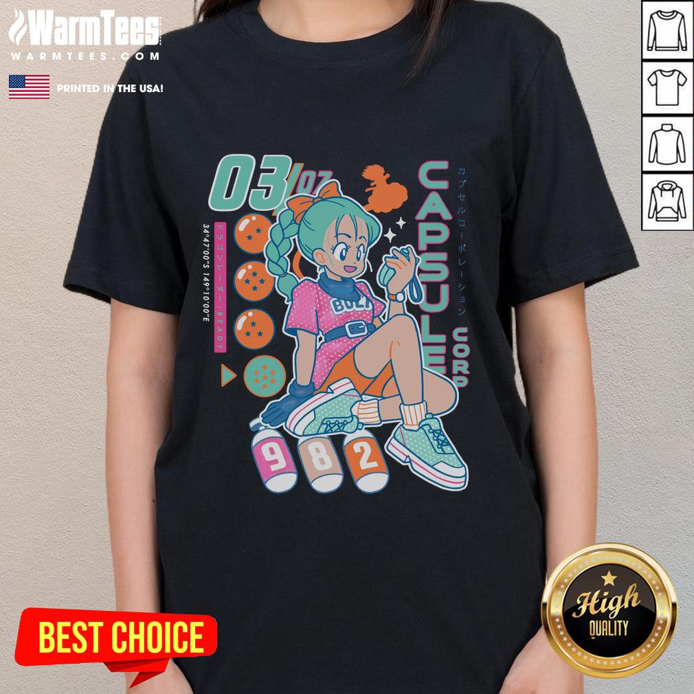 Alt Text: Cute Bulma Boyfriend Detector Capsule Corporation anime retro ladies tee showcasing vibrant design and playful style.