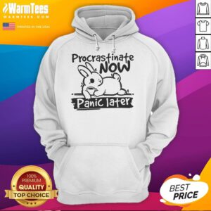Alt Text: Cute bunny hoodie with Procrastinate Now, Panic Later text, perfect for cozy, casual wear and bunny lovers.
