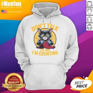 Cute cat in a cozy hoodie with Dont Talk to Me, Im Counting knitting design, perfect for knit lovers and cat enthusiasts.