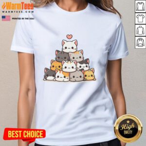 Alt Text: Cute cat pyramid featuring anime kawaii cats on a stylish ladies tee, perfect for cat lovers and anime fans.