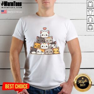 Alt Text: Cute Cat Pyramid Stack featuring anime kawaii cats on a trendy T-shirt design for cat lovers.