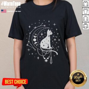 Cute celestial cat on a crescent moon with stars, perfect for astrology lovers - Cute Celestial Cat Ladies Tee.