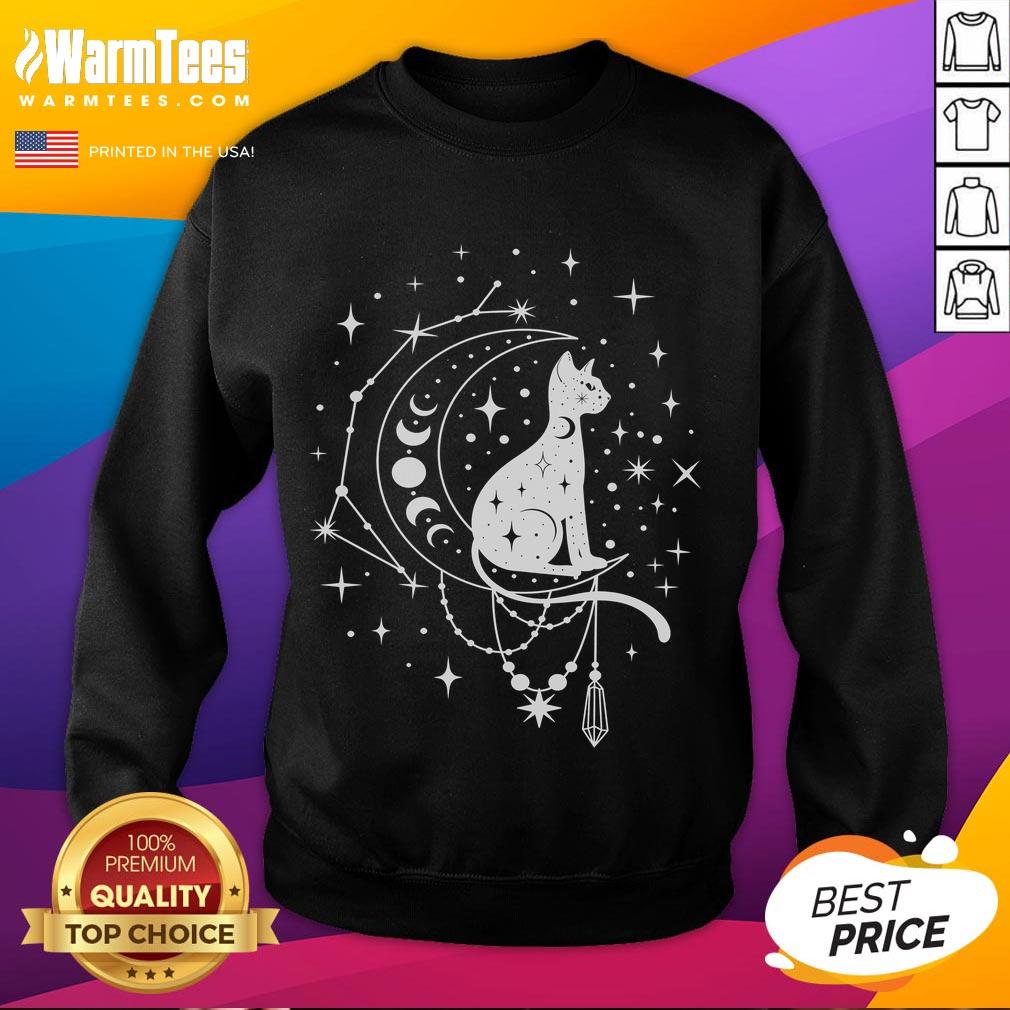 Alt Text: Cute celestial cat design on a sweatshirt featuring a crescent moon and star constellation, perfect for astrology lovers.