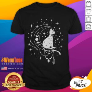 Alt Text: Cute celestial cat on a crescent moon with star constellation design, perfect for astrology lovers' t-shirt.