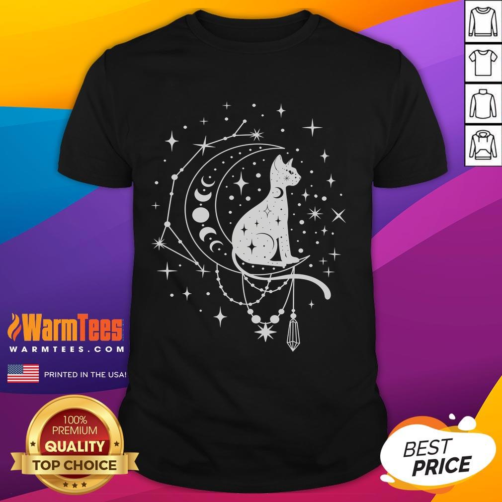 Alt Text: Cute celestial cat on a crescent moon with star constellation design, perfect for astrology lovers' t-shirt.