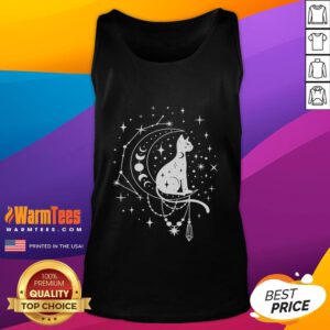 Cute celestial cat on a crescent moon with stars, perfect for astrology lovers - stylish tank top design.
