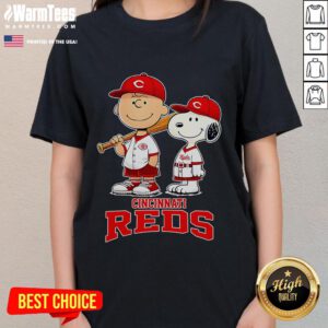 Alt Text: Cute Cincinnati Reds Charlie Brown and Snoopy baseball cartoon fan ladies tee, perfect for baseball enthusiasts.