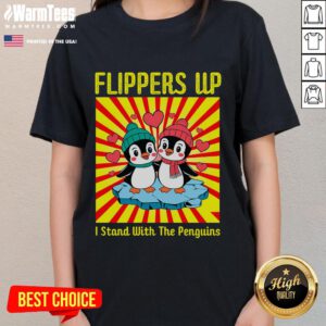 Adorable ladies' tee featuring penguins with flippers up, perfect for animal lovers and casual wear.