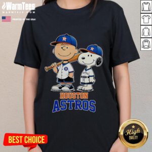 Cute Houston Astros Charlie Brown and Snoopy baseball cartoon fan ladies tee, perfect for sports enthusiasts.