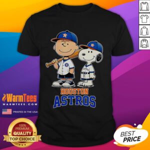 Alt Text: Cute Houston Astros Charlie Brown and Snoopy baseball cartoon fan T-shirt design featuring vibrant colors and playful graphics.