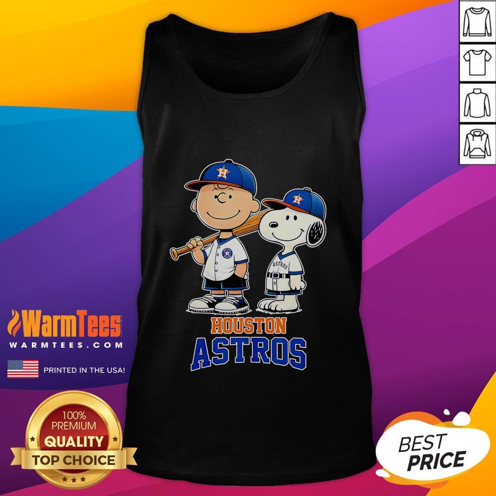 Alt Text: Cute Houston Astros Charlie Brown and Snoopy baseball cartoon fan tank top for sports enthusiasts and cartoon lovers.
