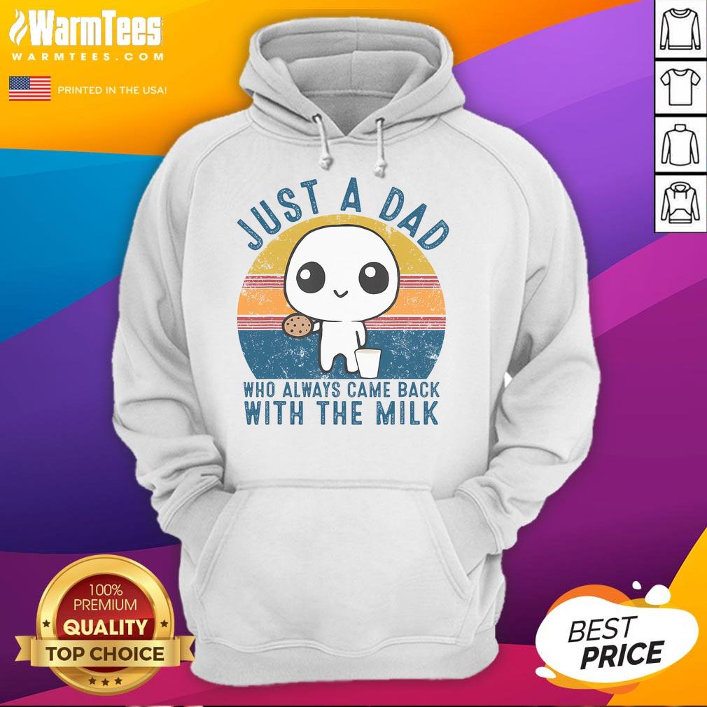Alt Text: Cute 'Just a Dad Who Always Came Back with the Milk' sunset hoodie, perfect gift for dads who love humor and style.
