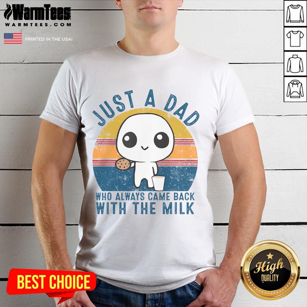 Alt Text: Cute 'Just A Dad Who Always Came Back With The Milk' T-Shirt design featuring a sunset backdrop, perfect for dads.