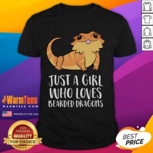 Alt Text: Cute t-shirt design featuring the phrase Just A Girl Who Loves Bearded Dragons with a colorful lizard graphic.