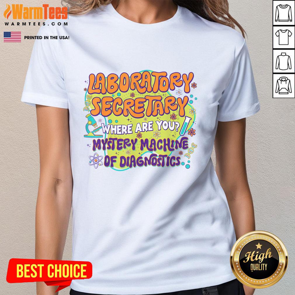 Cute laboratory secretary in a lab coat, showcasing a diagnostic machine during Lab Week, wearing a stylish ladies tee.