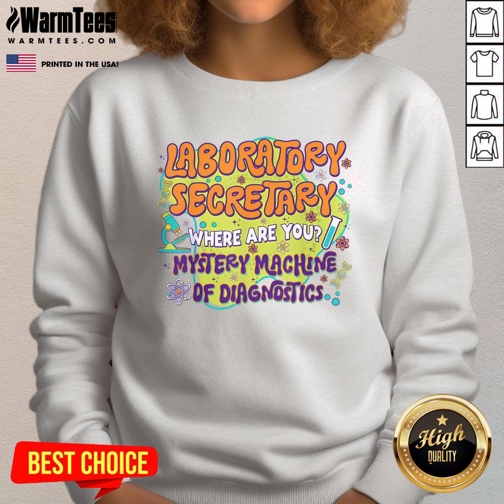 Cute laboratory secretary wearing a Lab Week sweatshirt featuring a mystery machine of diagnostics design.