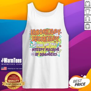 Cute laboratory secretary wearing a 'Lab Week' tank top, standing beside a mystery machine for diagnostics.
