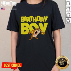 Alt Text: Cute Looney Tunes Birthday Boy Taz cartoon graphic on ladies tee, perfect for fun birthday celebrations.