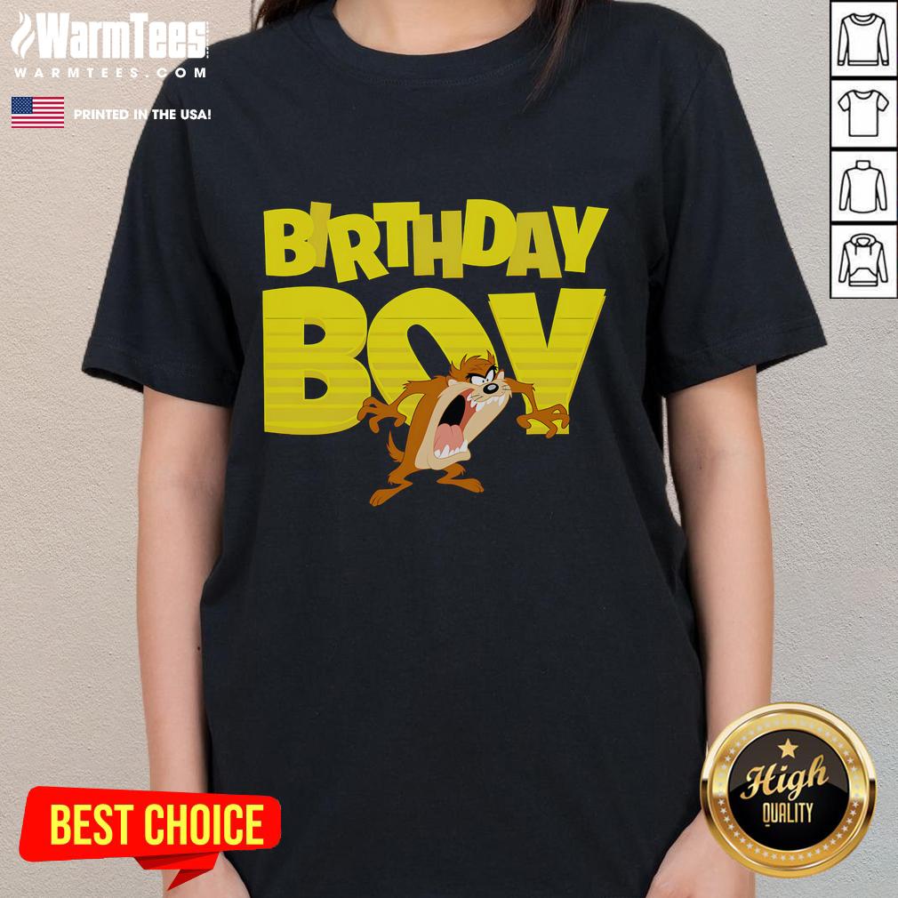 Alt Text: Cute Looney Tunes Birthday Boy Taz cartoon graphic on ladies tee, perfect for fun birthday celebrations.