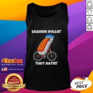 Adorable 'Sashimi Rollin They Hatin' bicycle tank top featuring cute sushi graphics, perfect for casual summer wear.