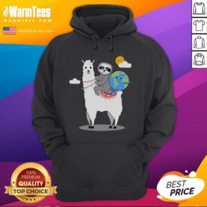 Cute sloth and llama design on Earth Day planet hoodie, promoting eco-friendly fashion and love for nature.