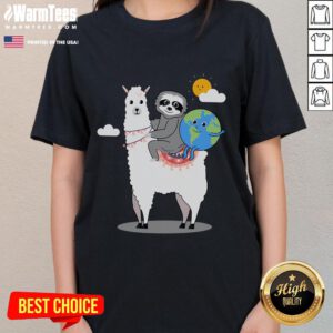 Cute sloth and llama graphic on Earth Day ladies tee, promoting planet-friendly awareness and fun fashion.