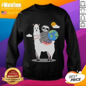 Cute sloth and llama graphic on an Earth Day sweatshirt celebrating the planet, perfect for eco-friendly fashion lovers.