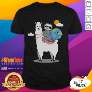 Cute Sloth Llama Earth-Day Planet T-Shirt featuring a playful sloth and llama on a vibrant earth-themed design.
