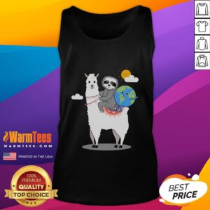 Cute sloth and llama graphic on Earth Day tank top promoting planet conservation and eco-friendly fashion.
